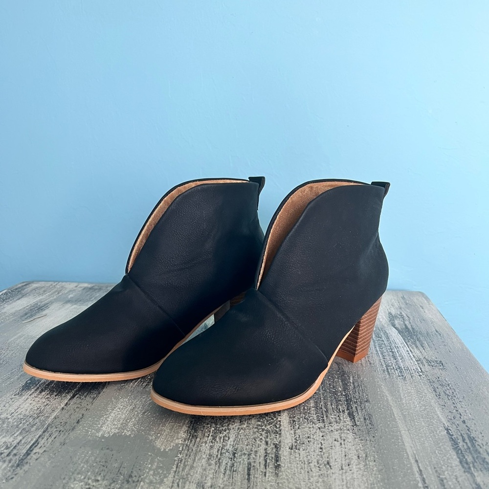 Black Ankle Boots with Wooden Heel. Size 7.5-8